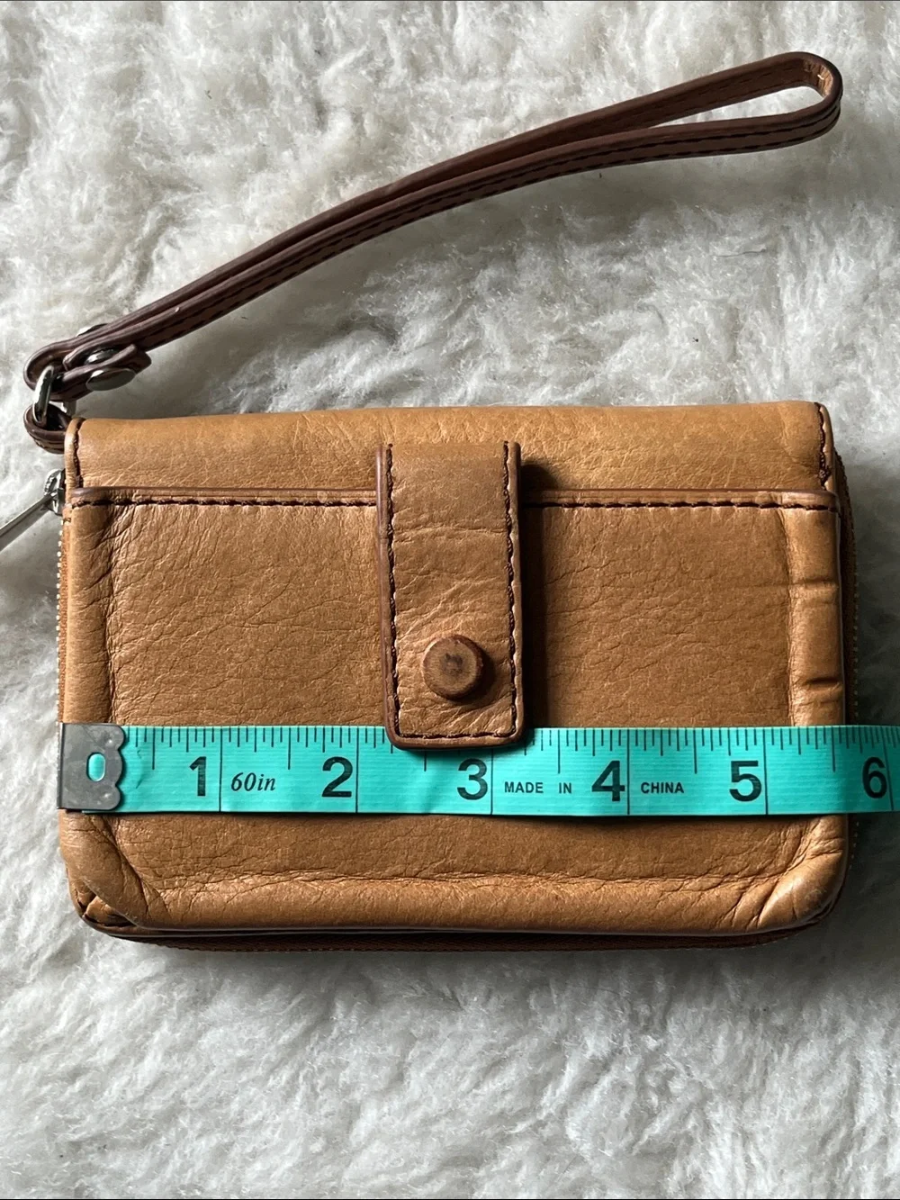 Fossil Tan leather zip around wallet wristlet with snap front compartment